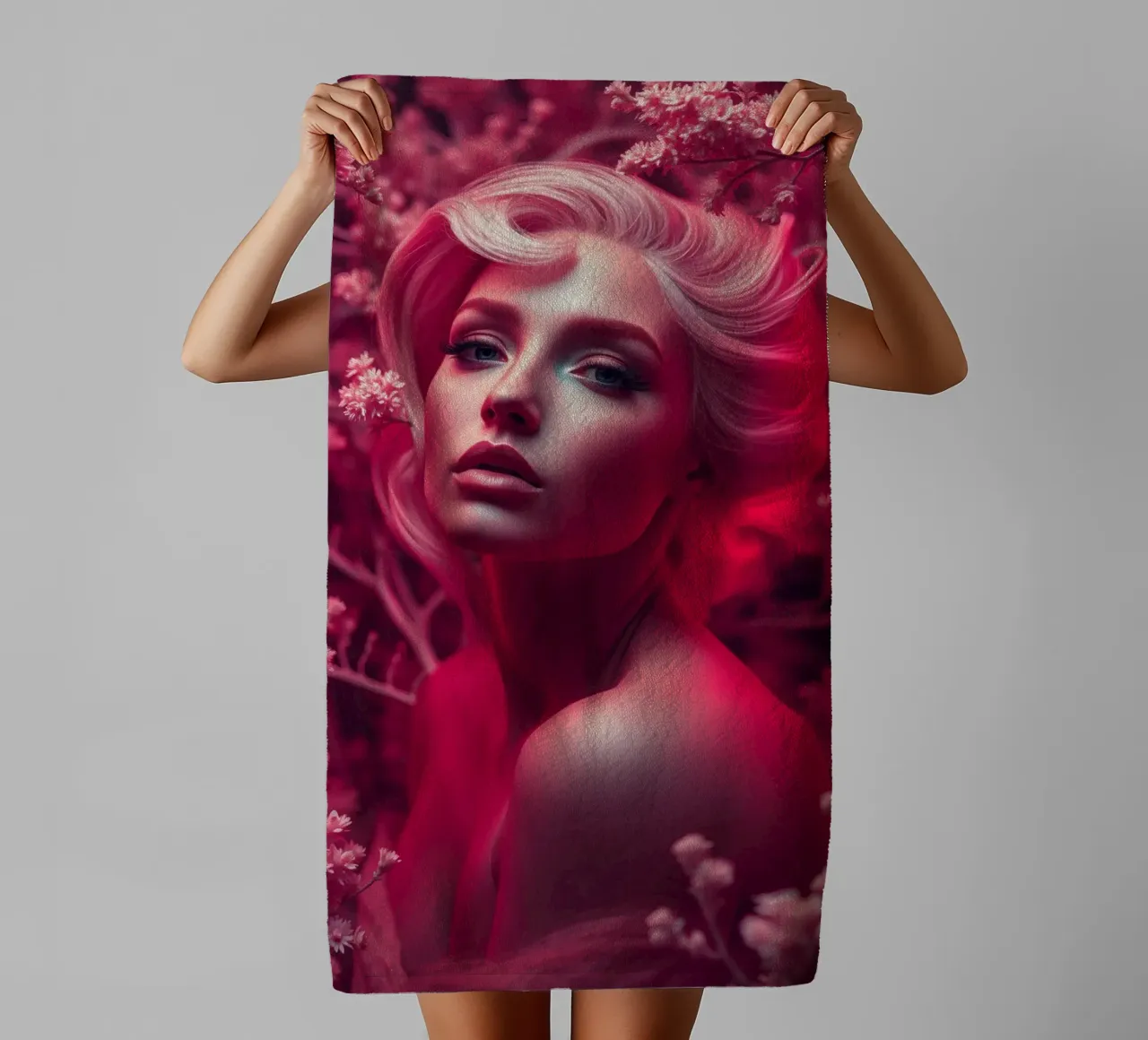 Donna splendida con acconciatura elegante circondata da fiori asciugamano da bagno da DesignDoodle
