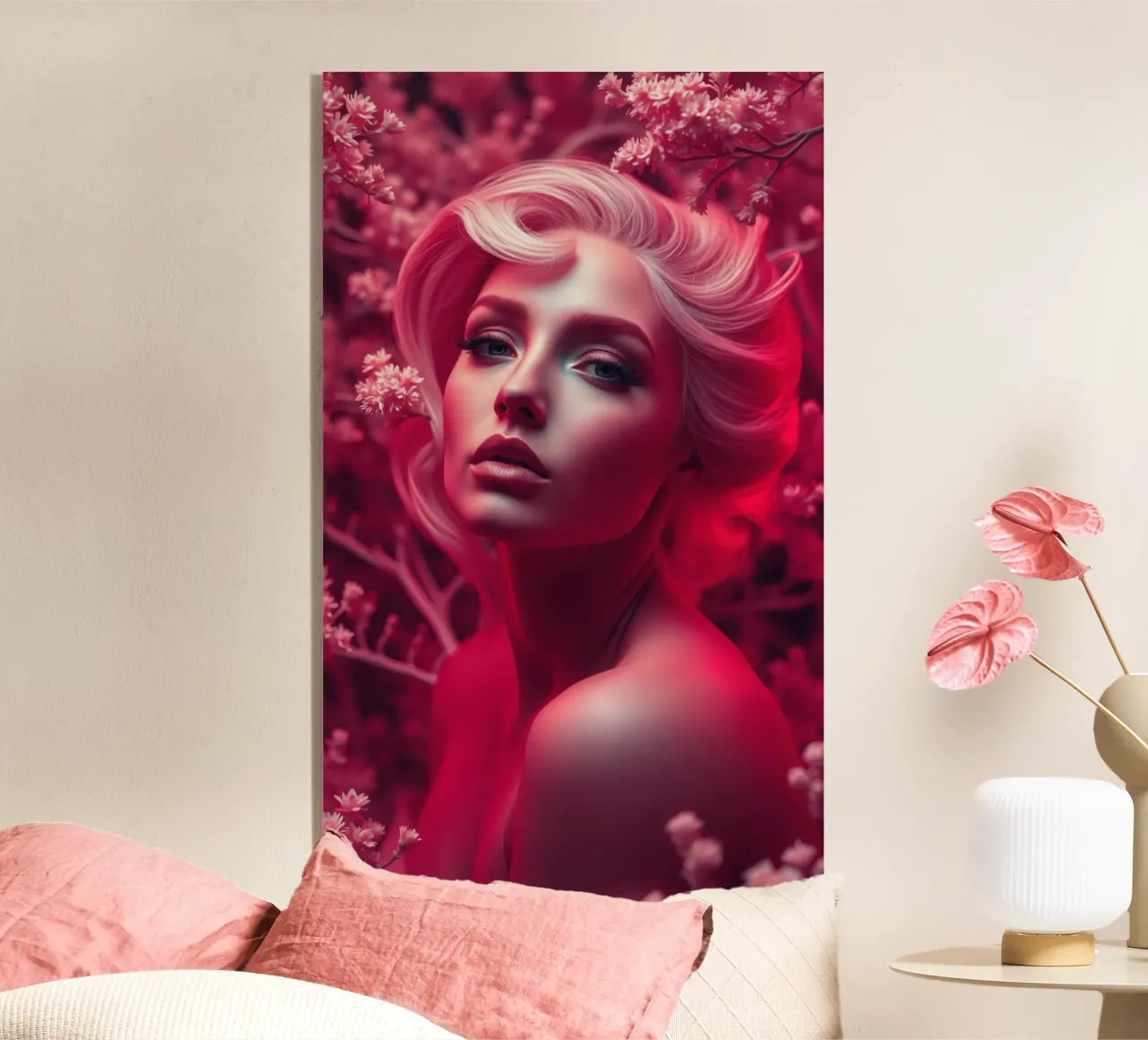 Donna splendida con acconciatura elegante circondata da fiori plexiglass da DesignDoodle