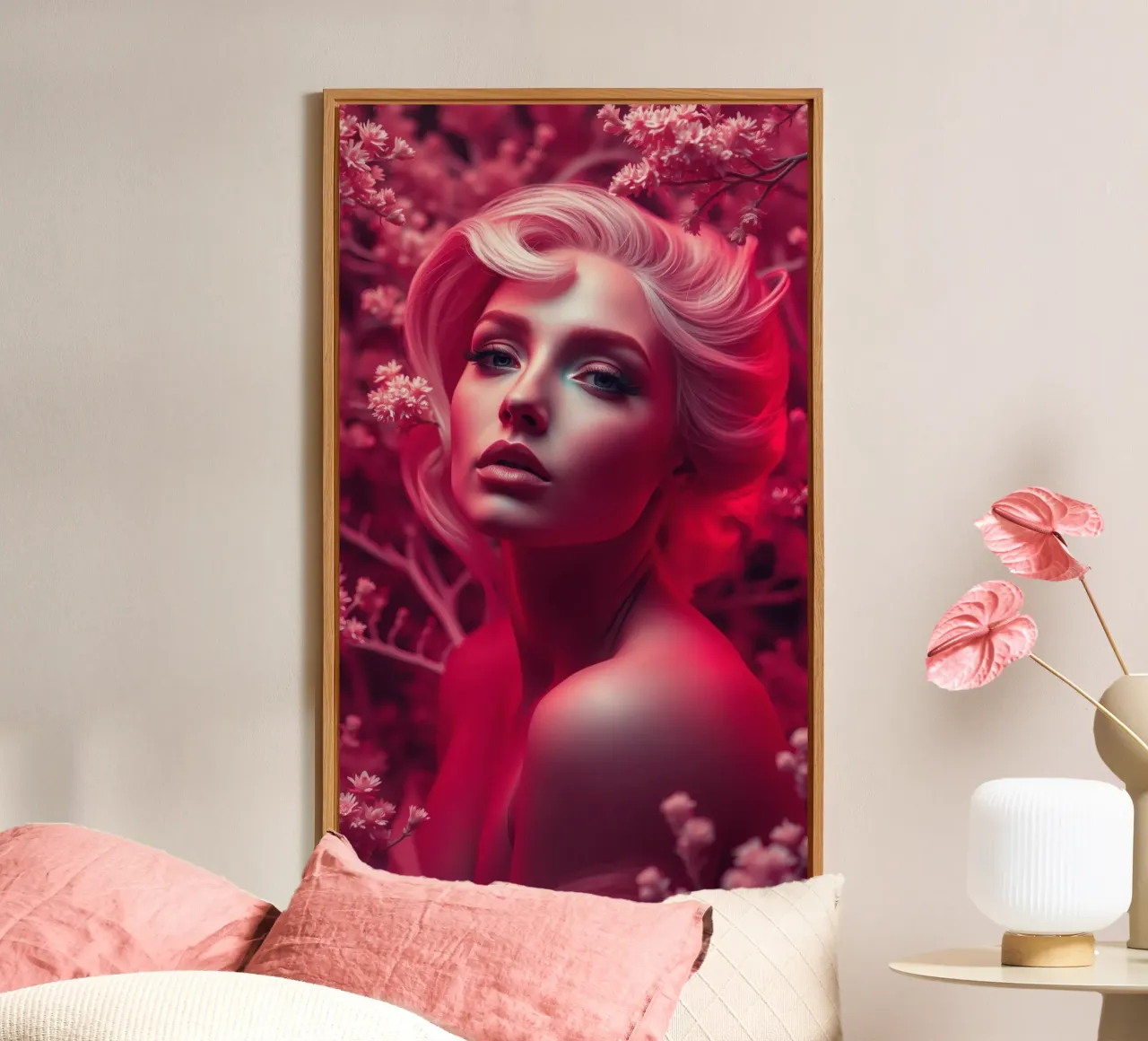 Donna splendida con acconciatura elegante circondata da fiori alluminio dibond da DesignDoodle