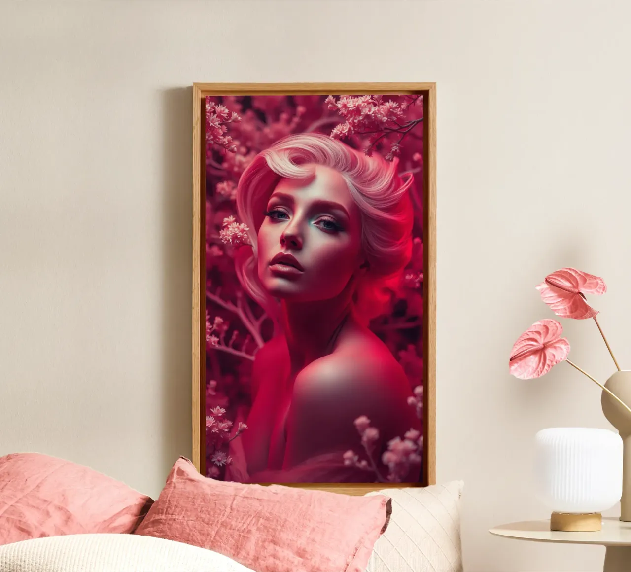 Donna splendida con acconciatura elegante circondata da fiori tela con Cornice a cassetta da DesignDoodle