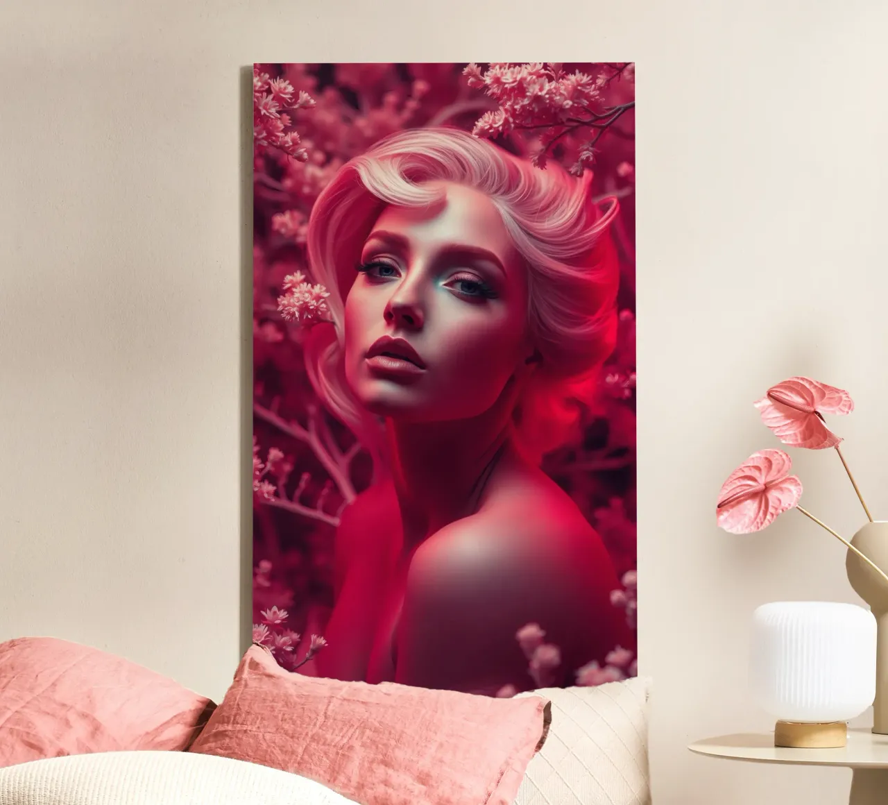 Donna splendida con acconciatura elegante circondata da fiori tela con Cornice a cassetta da DesignDoodle