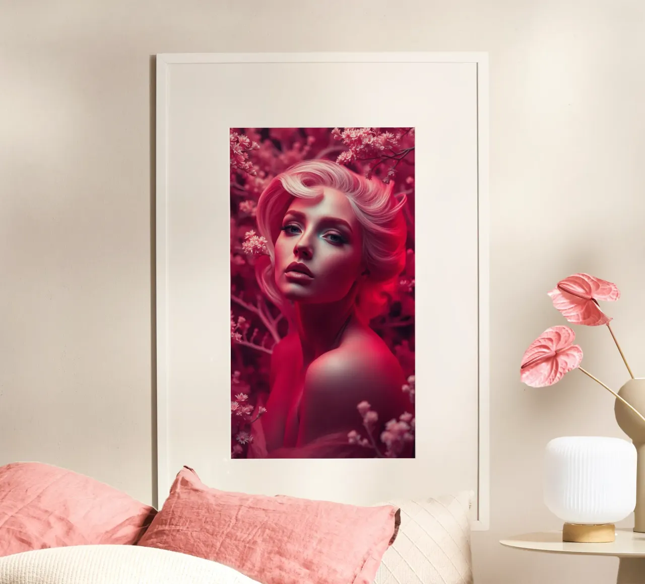 Donna splendida con acconciatura elegante circondata da fiori carta hahnemühle da DesignDoodle