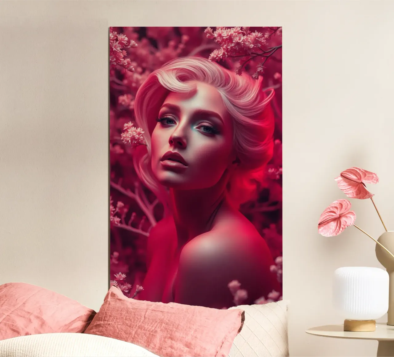 Donna splendida con acconciatura elegante circondata da fiori carta hahnemühle da DesignDoodle