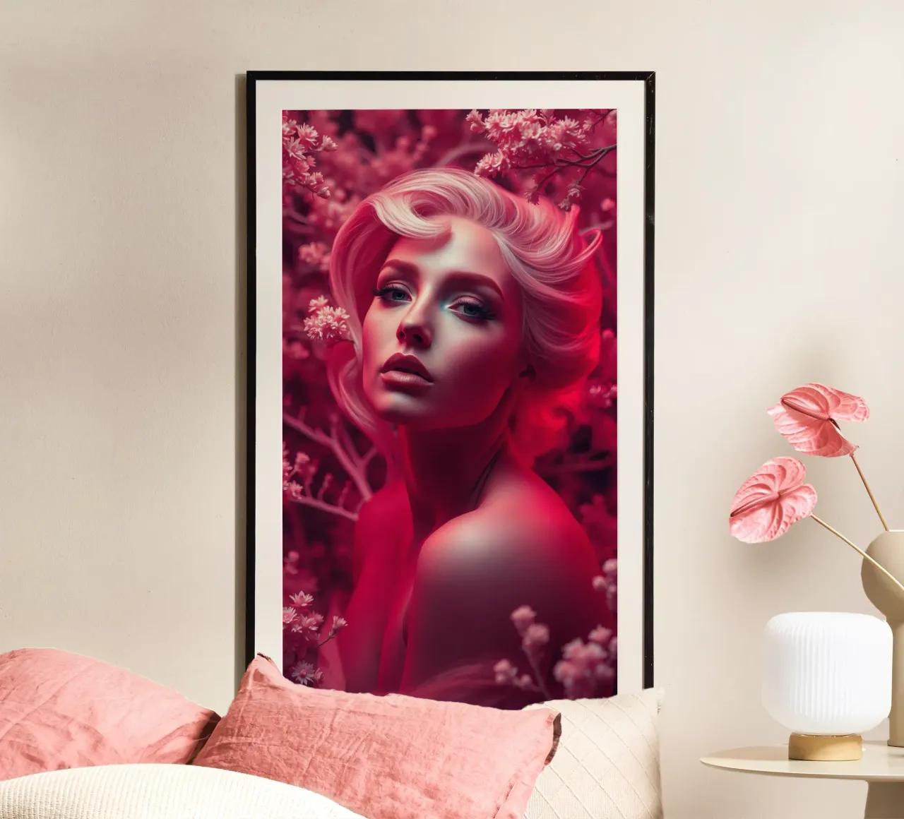 Donna splendida con acconciatura elegante circondata da fiori carta hahnemühle da DesignDoodle