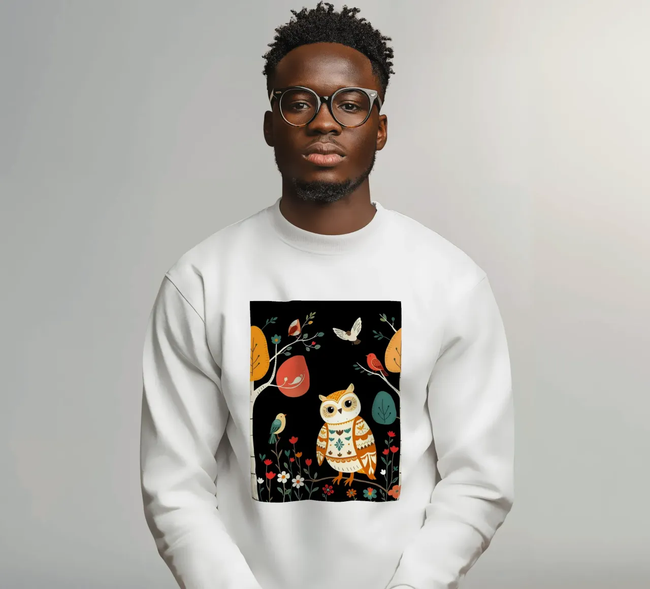 HIBOU DANS UNE FORÊT AVEC DES OISEAUX sweat de COLLEEN CRAFTS