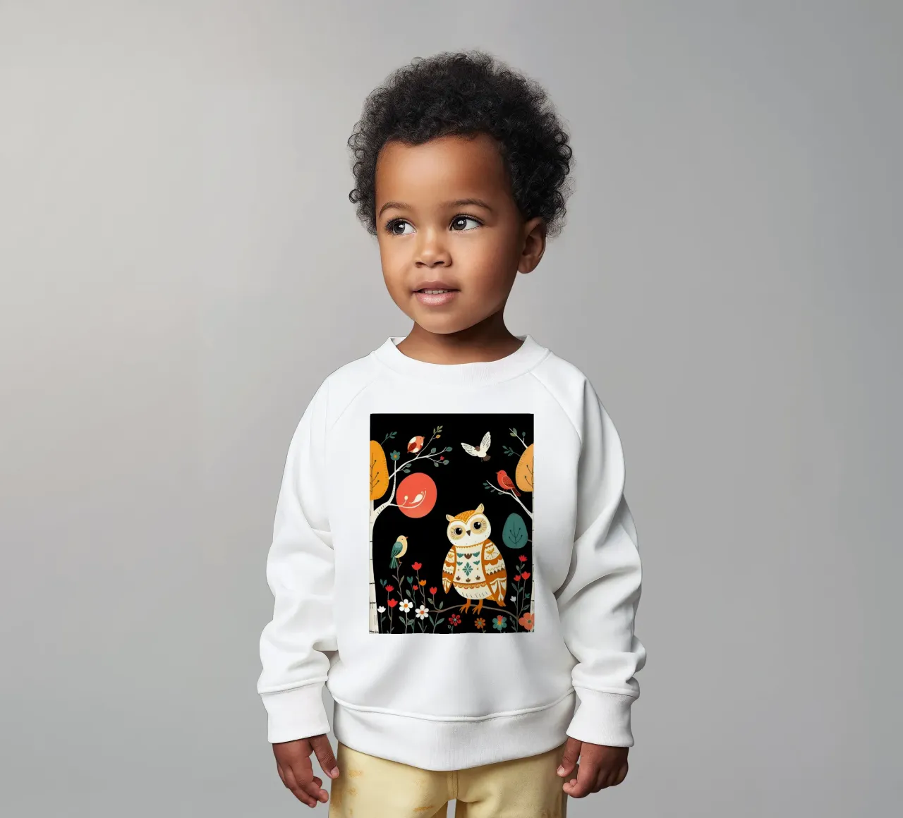 OWL IN FOREST WITH BIRDS baby sweatshirt by COLLEEN CRAFTS