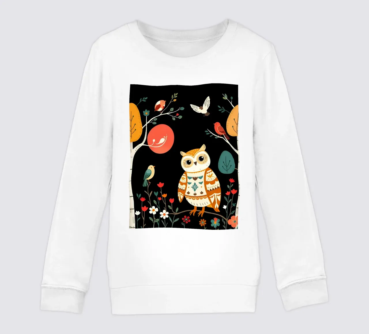BÚHO EN BOSQUE CON PÁJAROS sudadera para niño de COLLEEN CRAFTS