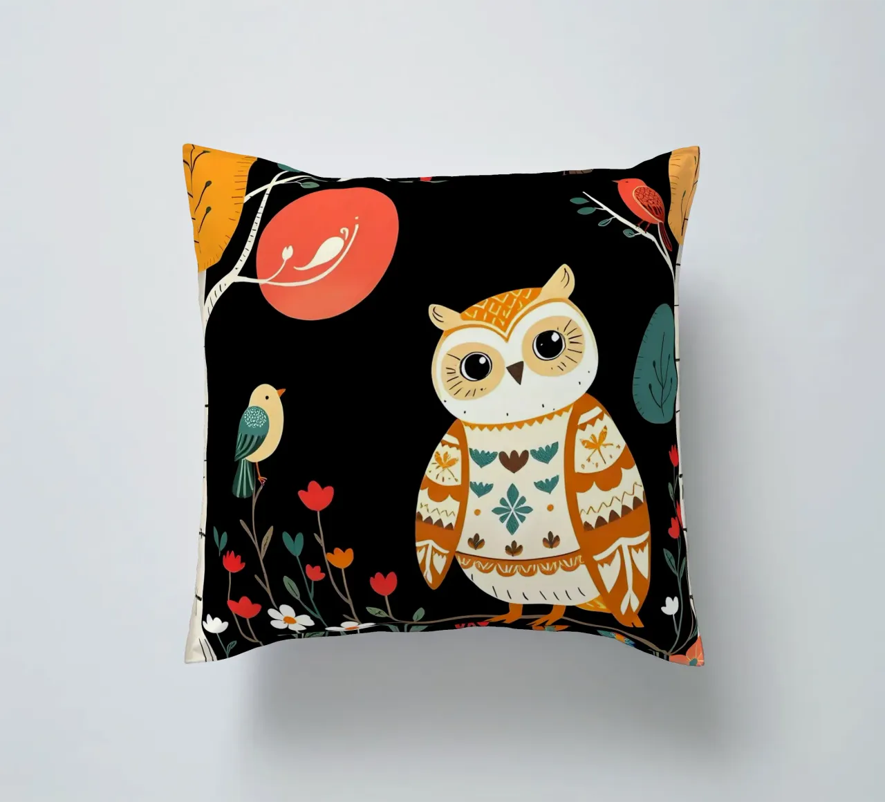 GUFO NELLA FORESTA CON UCCELLI cuscino da COLLEEN CRAFTS