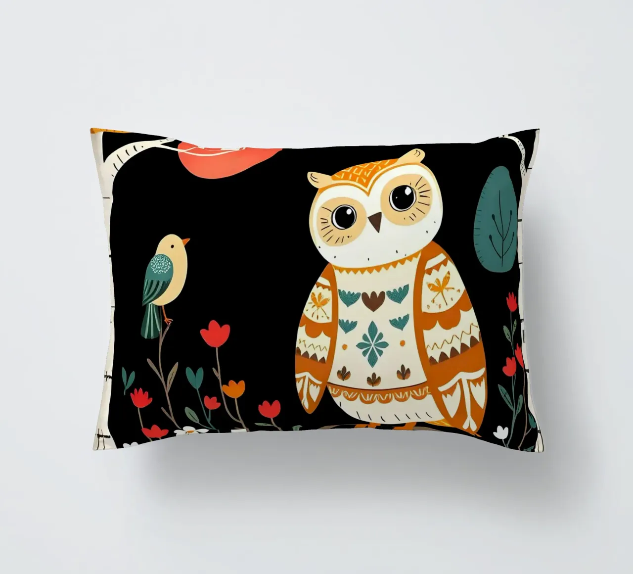GUFO NELLA FORESTA CON UCCELLI cuscino da COLLEEN CRAFTS