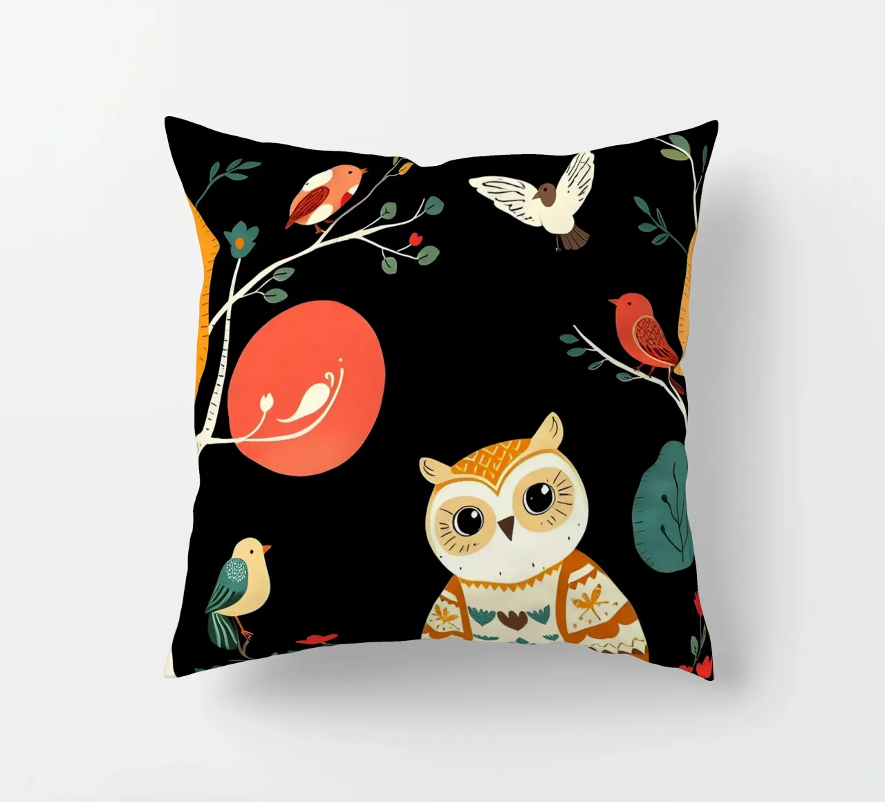 GUFO NELLA FORESTA CON UCCELLI cuscino da COLLEEN CRAFTS