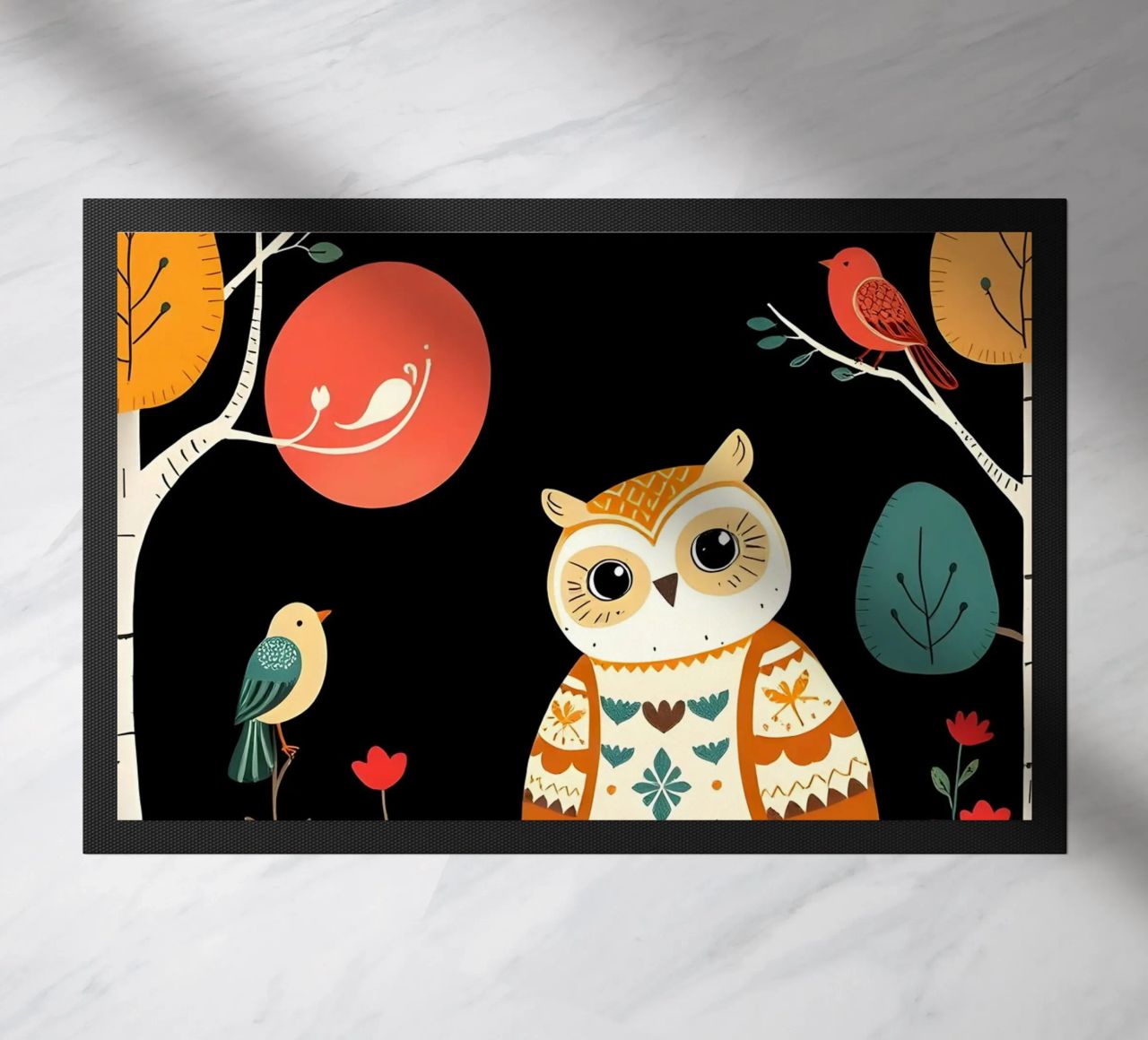 GUFO NELLA FORESTA CON UCCELLI zerbino da COLLEEN CRAFTS