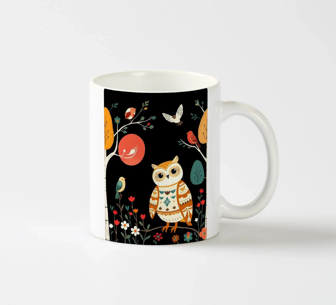 GUFO NELLA FORESTA CON UCCELLI tazza in ceramica da COLLEEN CRAFTS