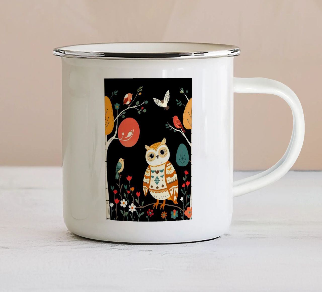 GUFO NELLA FORESTA CON UCCELLI tazza in smalto da COLLEEN CRAFTS