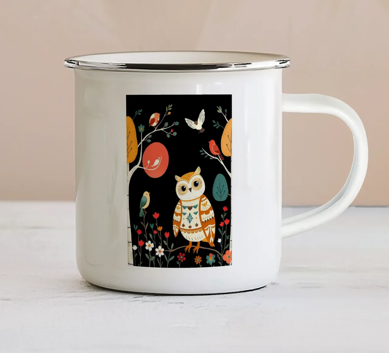 UIL IN BOS MET VOGELS emaille mok van COLLEEN CRAFTS