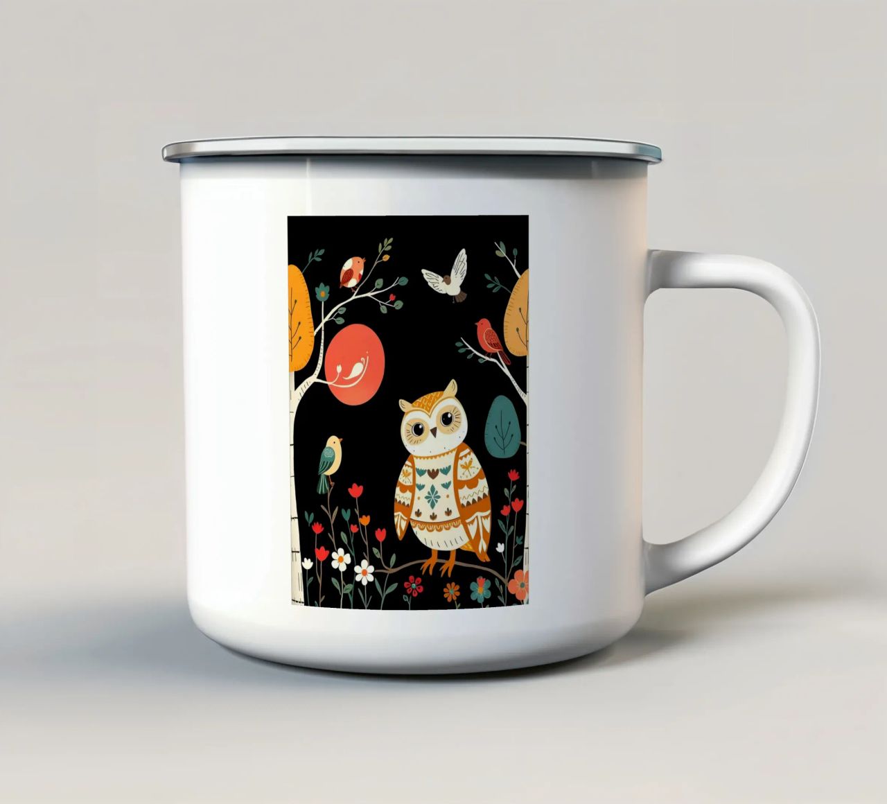 GUFO NELLA FORESTA CON UCCELLI tazza in smalto da COLLEEN CRAFTS