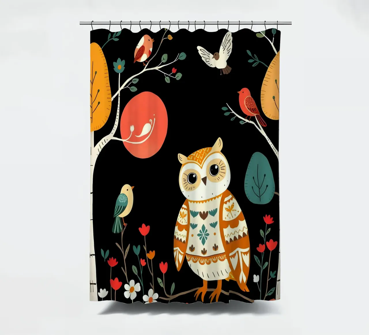 GUFO NELLA FORESTA CON UCCELLI tenda da doccia da COLLEEN CRAFTS