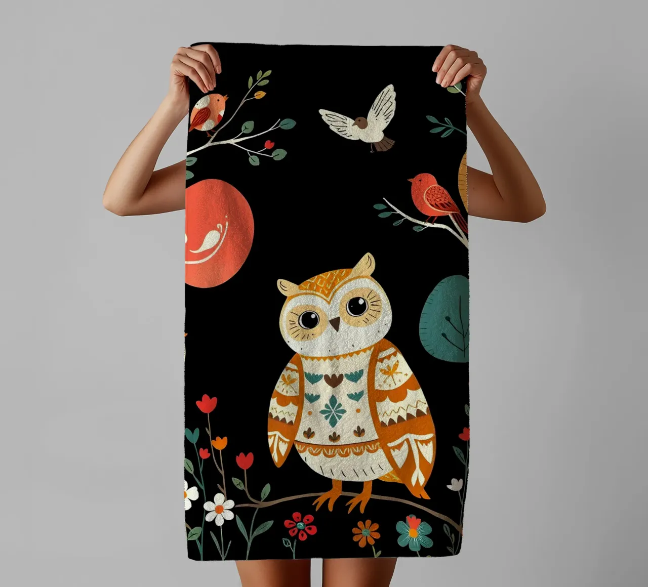 GUFO NELLA FORESTA CON UCCELLI asciugamano da bagno da COLLEEN CRAFTS