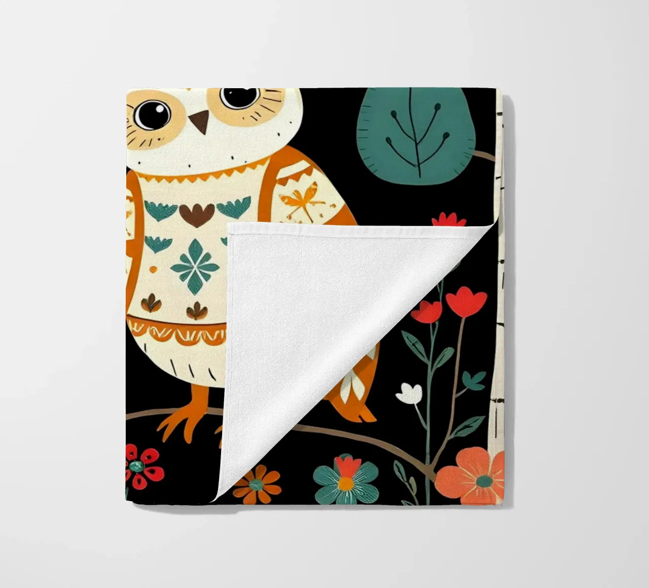 GUFO NELLA FORESTA CON UCCELLI telo mare da COLLEEN CRAFTS