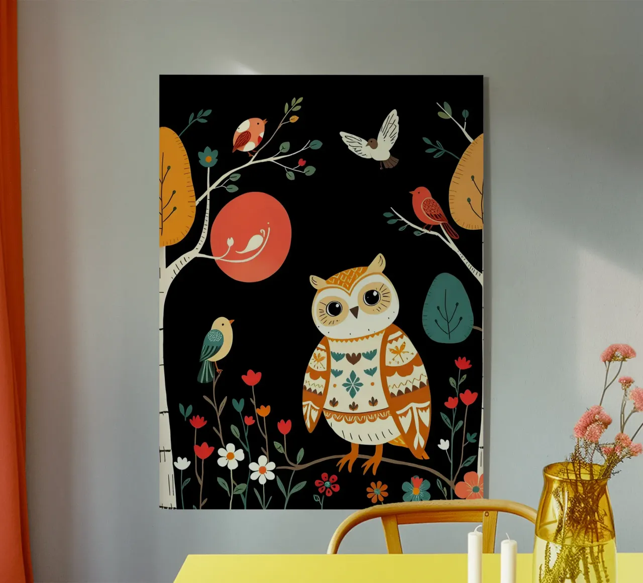 GUFO NELLA FORESTA CON UCCELLI plexiglass da COLLEEN CRAFTS