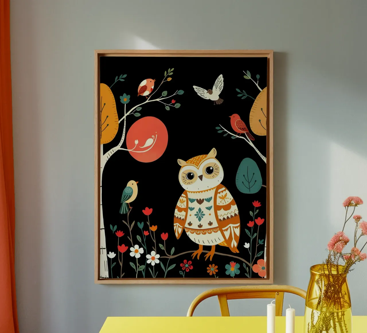 GUFO NELLA FORESTA CON UCCELLI tela con Cornice a cassetta da COLLEEN CRAFTS