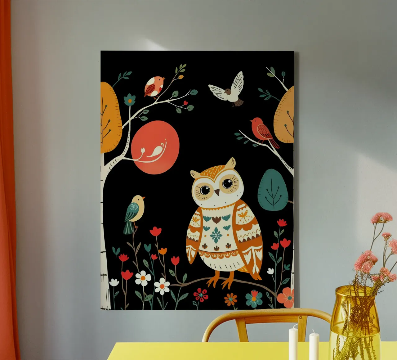 GUFO NELLA FORESTA CON UCCELLI tela con Cornice a cassetta da COLLEEN CRAFTS