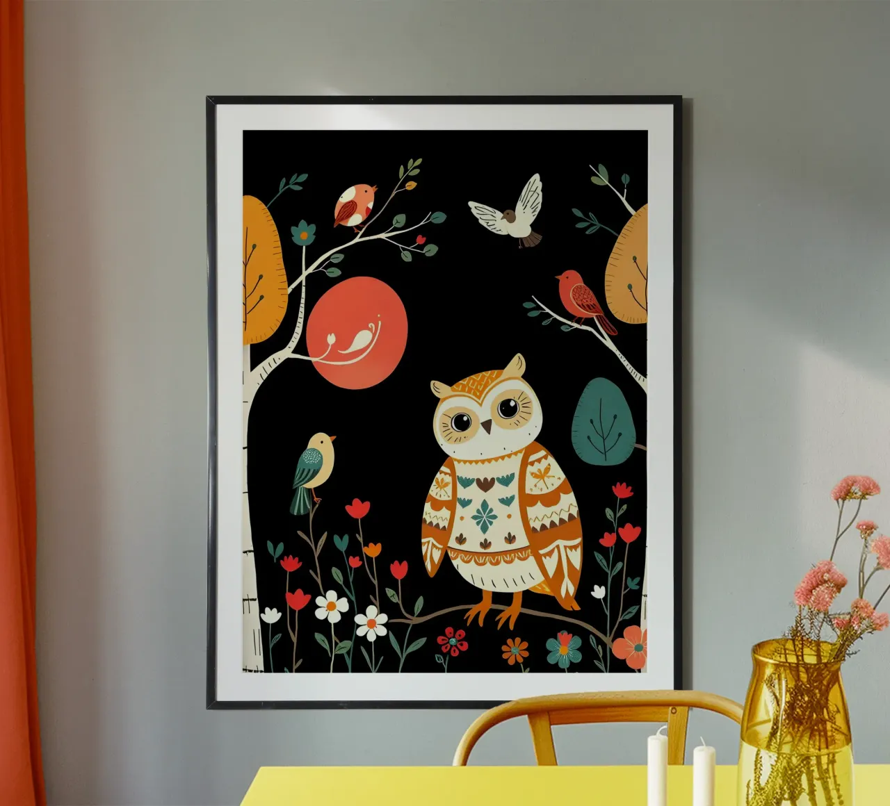 GUFO NELLA FORESTA CON UCCELLI carta hahnemühle da COLLEEN CRAFTS