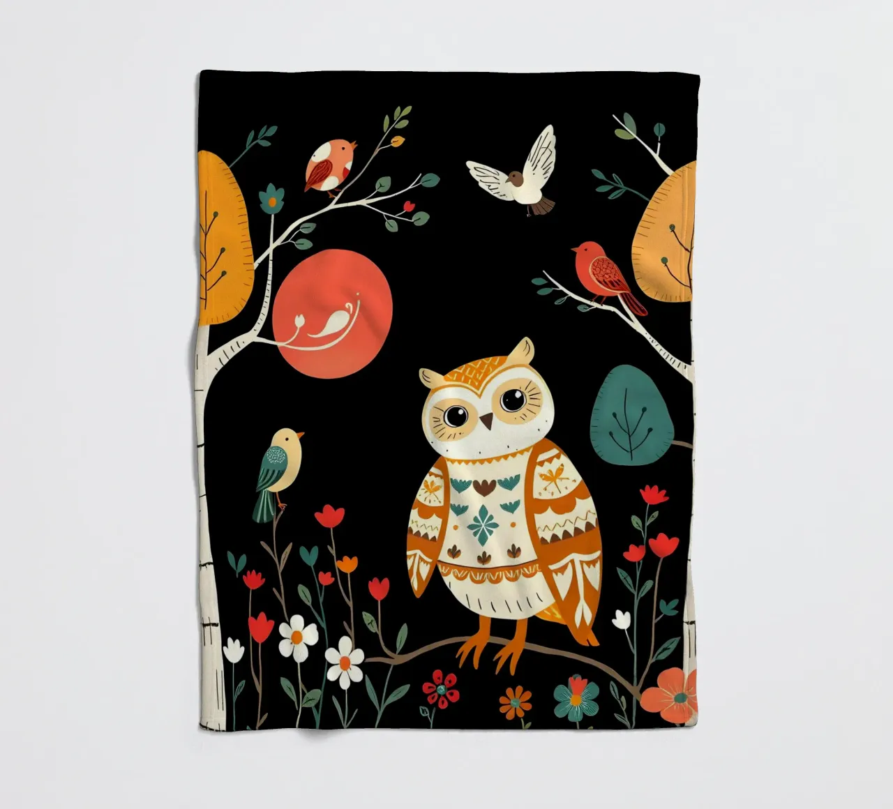GUFO NELLA FORESTA CON UCCELLI coperta in pile da COLLEEN CRAFTS