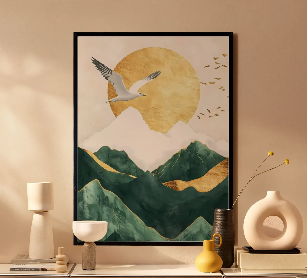 Paesaggio della montagna d'oro poster con telaio in alluminio da Ginnery