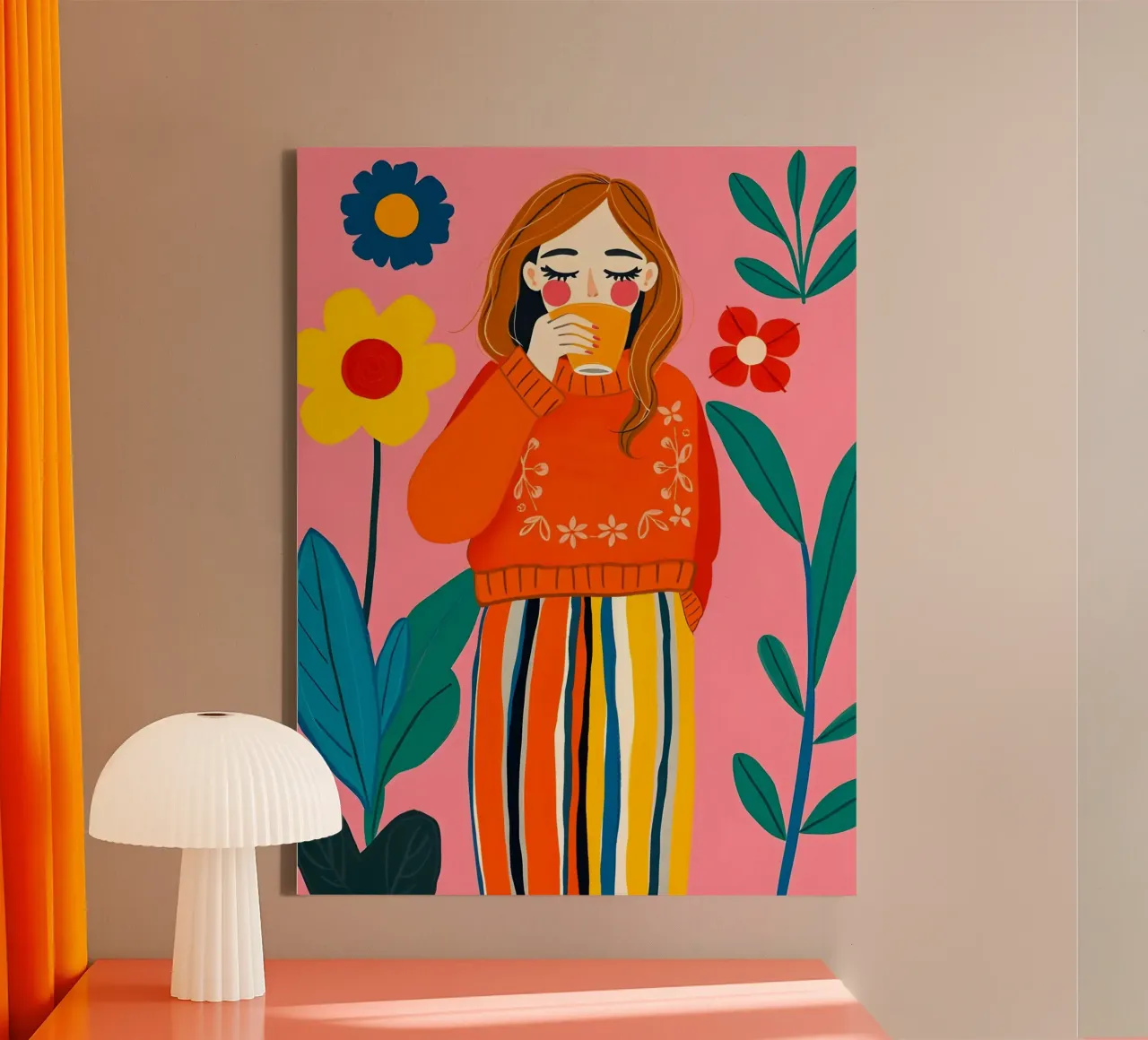 KALME VROUW ONTSPANNEN IN GESTREEPTE BROEK canvas met Baklijst van ARTOMATIC