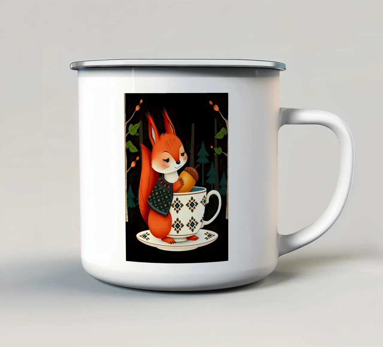 SCOIATTOLO CON GHIANDA IN TAZZA DA TÈ tazza in smalto da COLLEEN CRAFTS