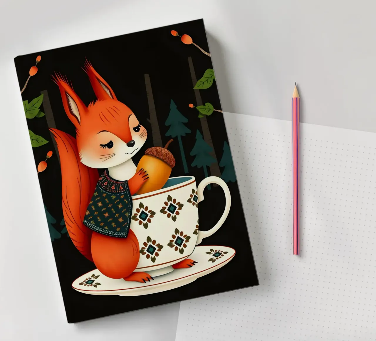 SQUIRREL WITH ACORN IN TEACUP notebook by COLLEEN CRAFTS