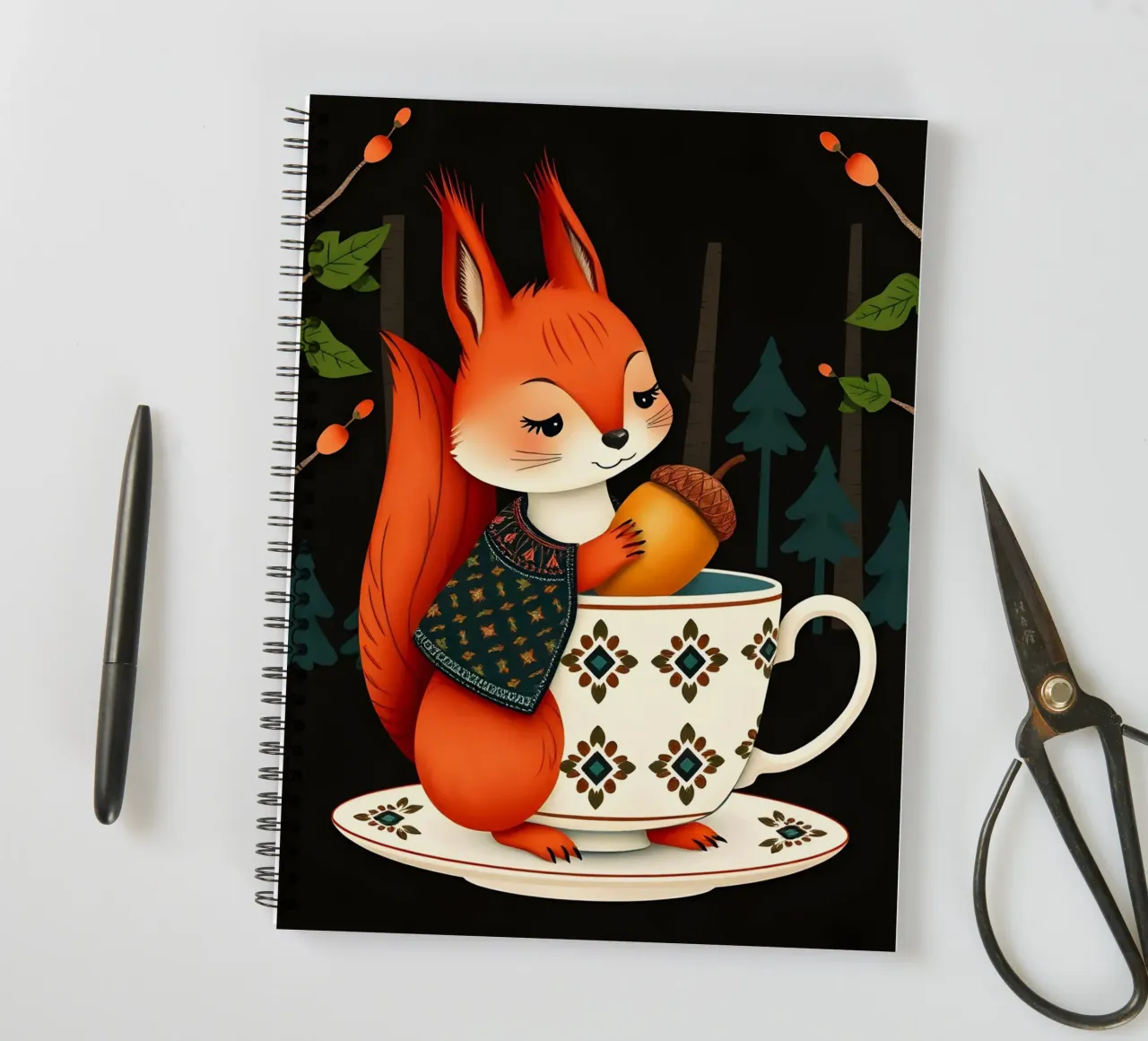SQUIRREL WITH ACORN IN TEACUP spiral notebook by COLLEEN CRAFTS