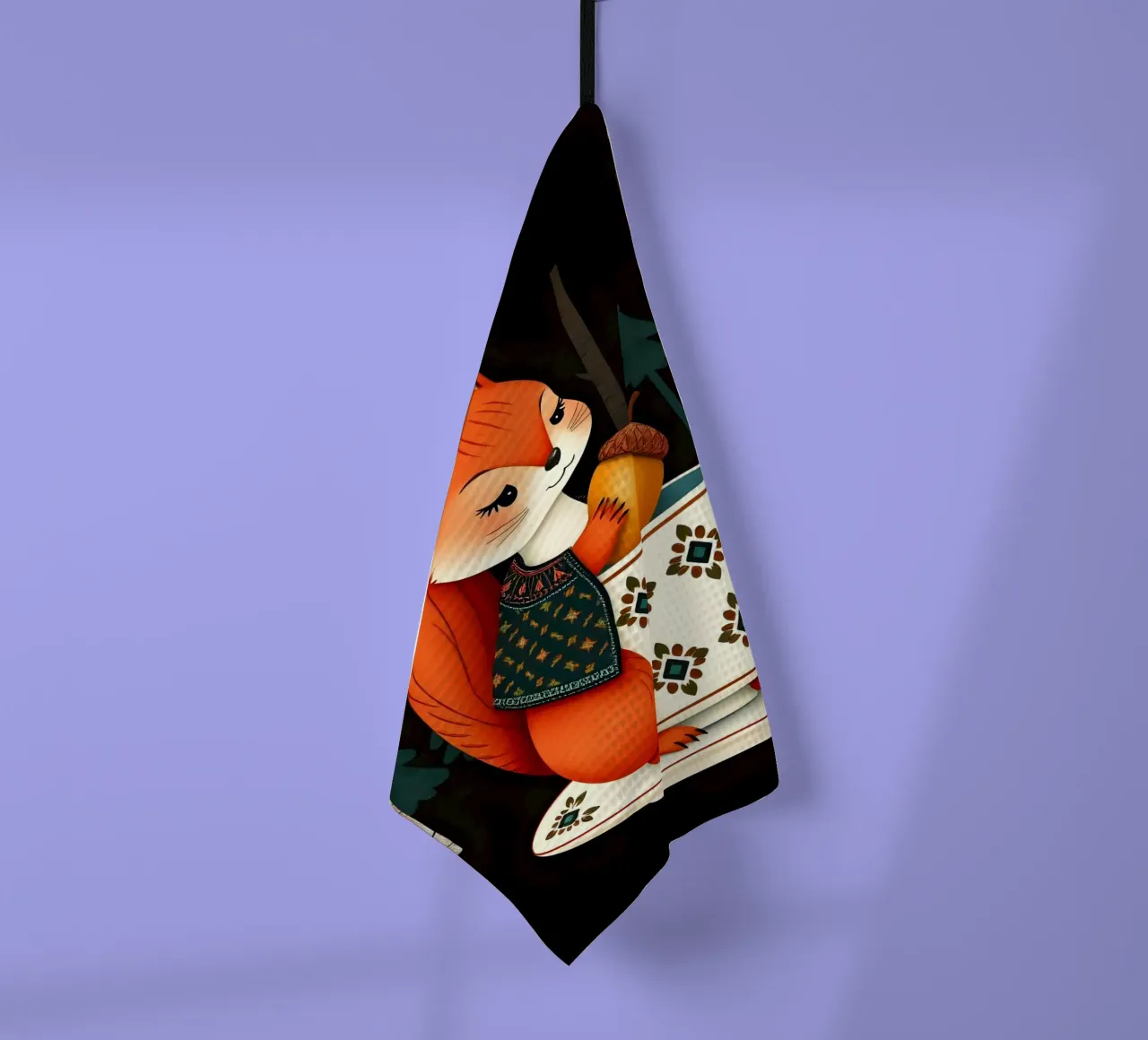 ÉCUREUIL AVEC UN GLAND DANS UNE TASSE DE THÉ torchon de COLLEEN CRAFTS