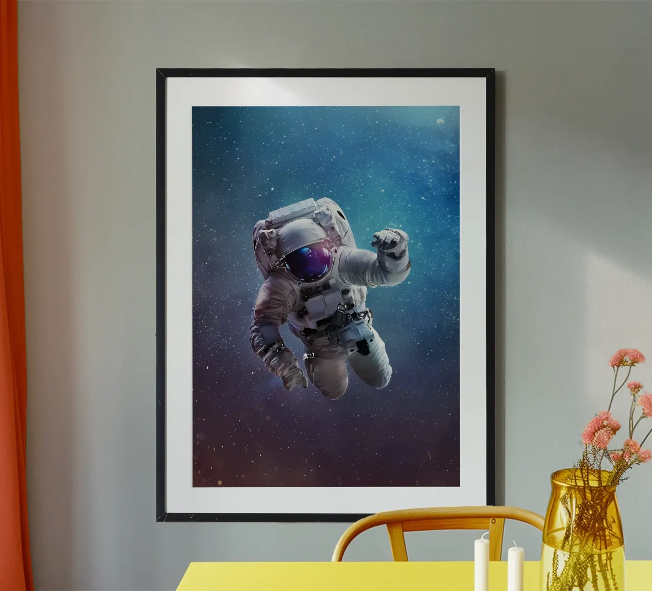 Astronaut in bright galaxy poster by Delaplane