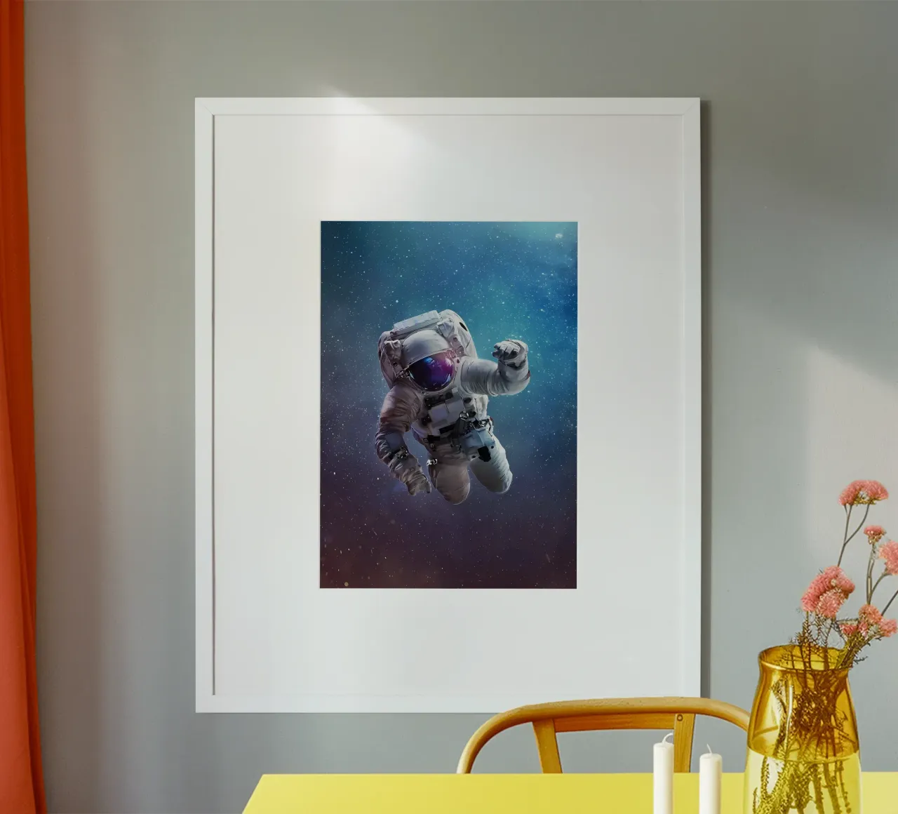Astronaut in bright galaxy poster by Delaplane