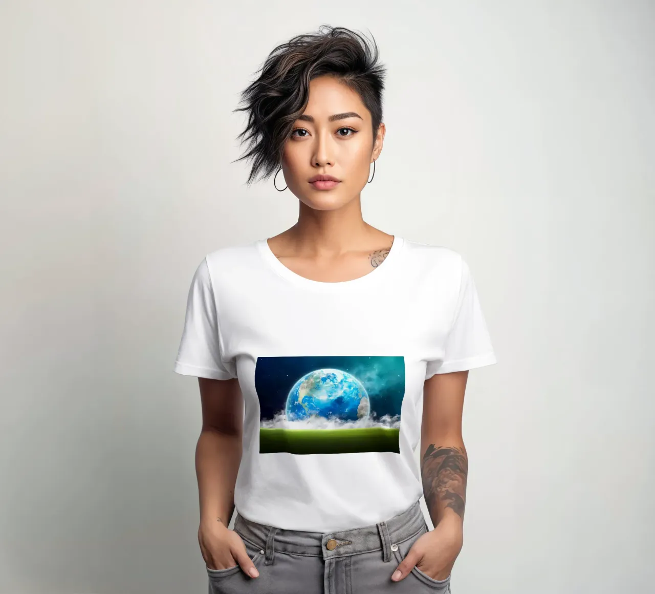 Grassy field in space women's fitted t-shirt by Delaplane