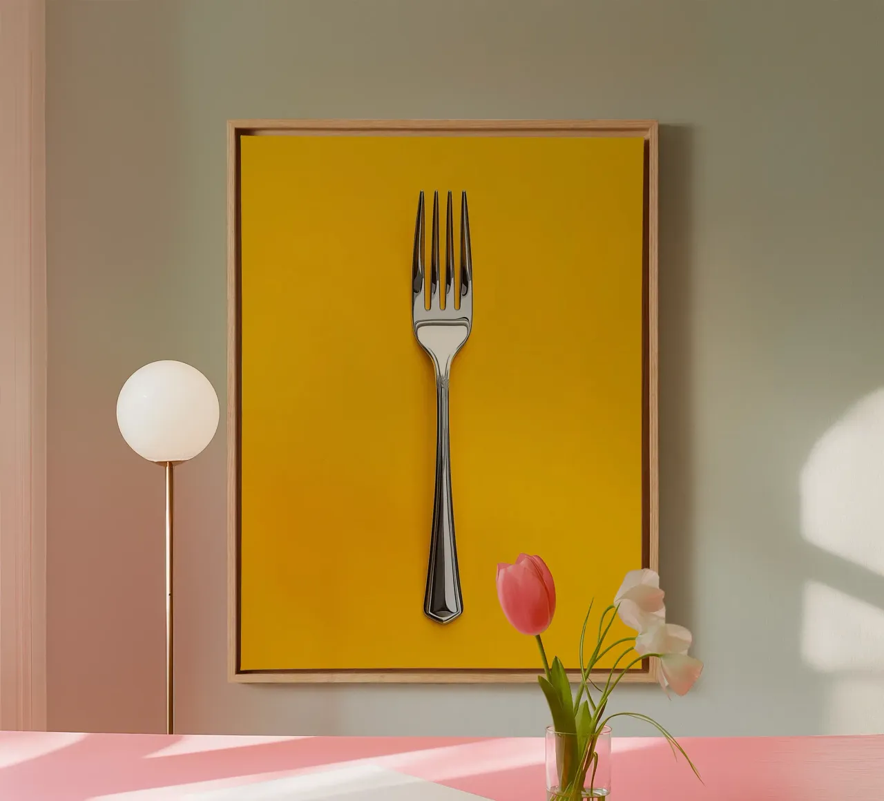 Glimmende vork op gele achtergrond canvas met Baklijst van Spice & Style