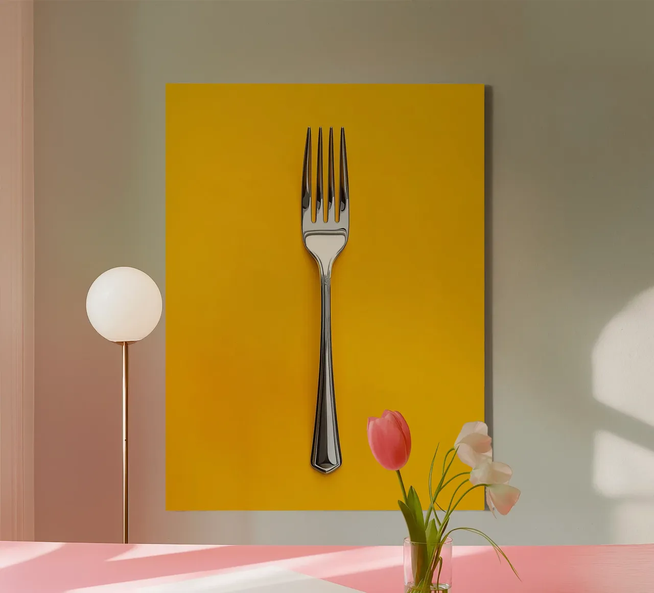 Glimmende vork op gele achtergrond canvas met Baklijst van Spice & Style
