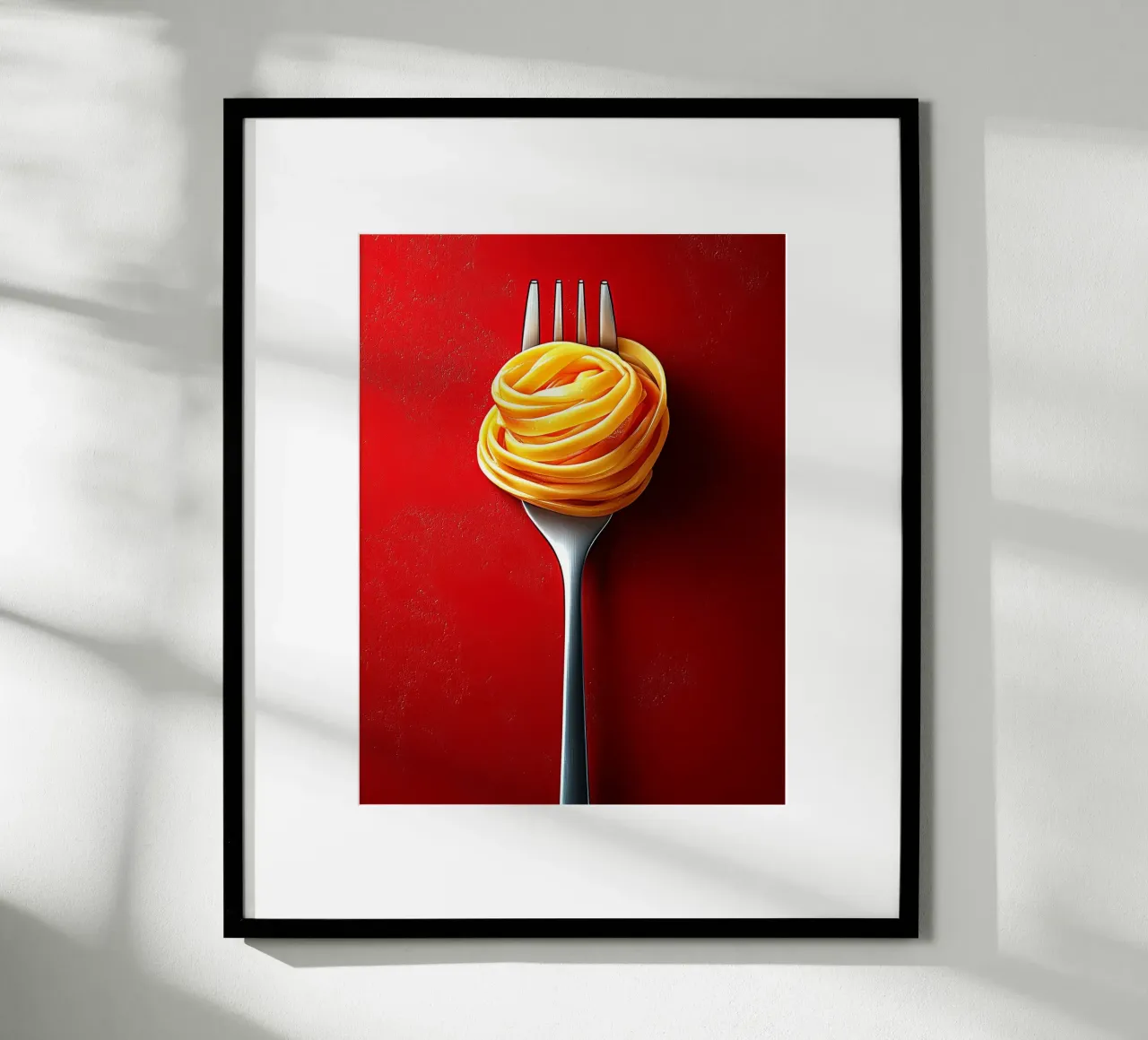 Spaghetti op een rode achtergrond poster met houten frame van Spice & Style