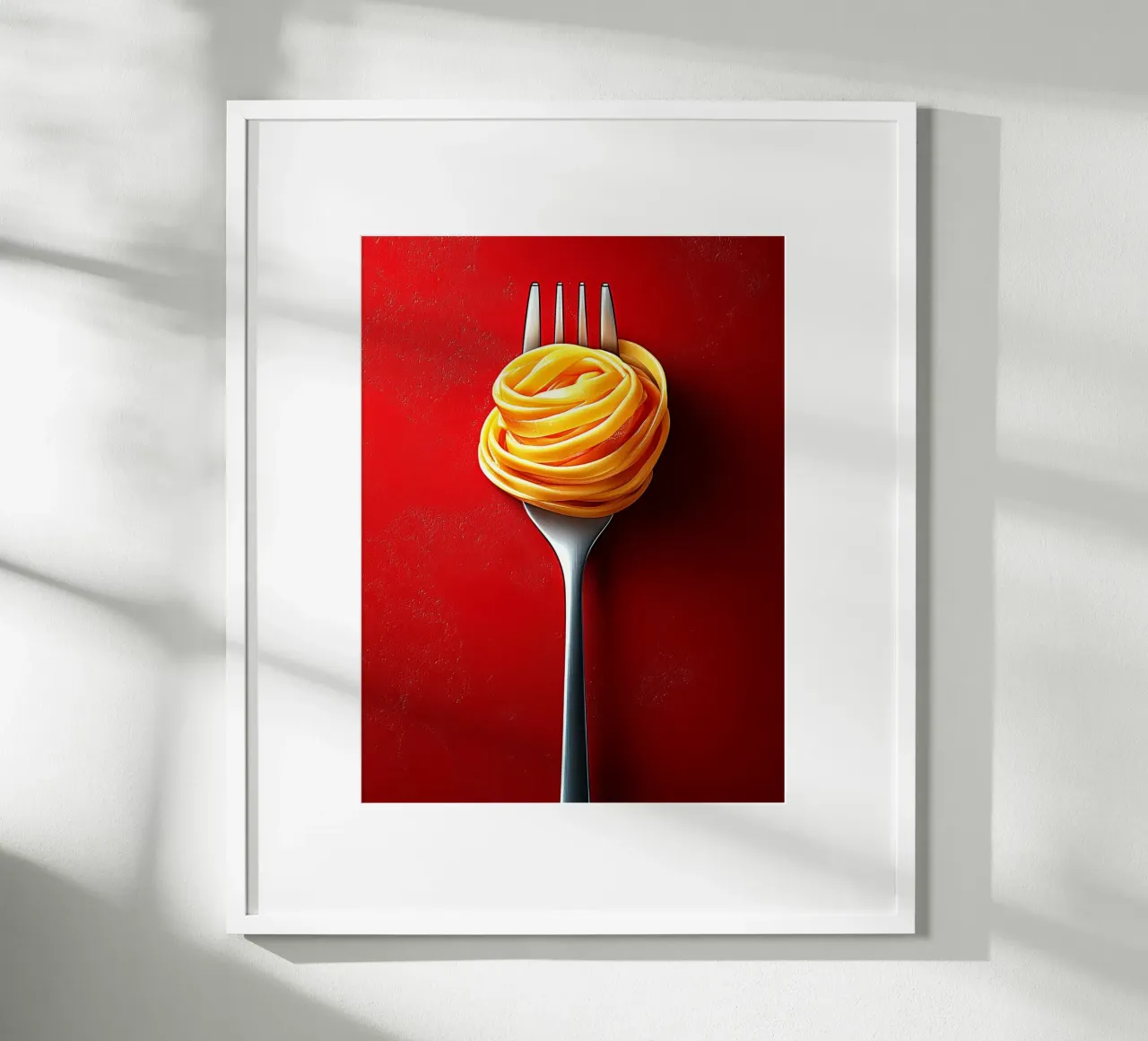 Spaghetti op een rode achtergrond poster met houten frame van Spice & Style