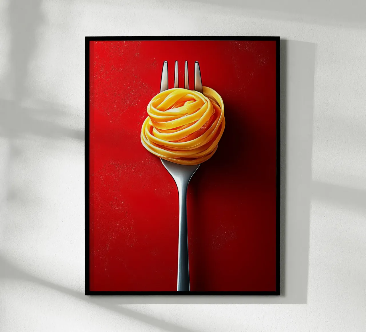 Spaghetti op een rode achtergrond poster met houten frame van Spice & Style