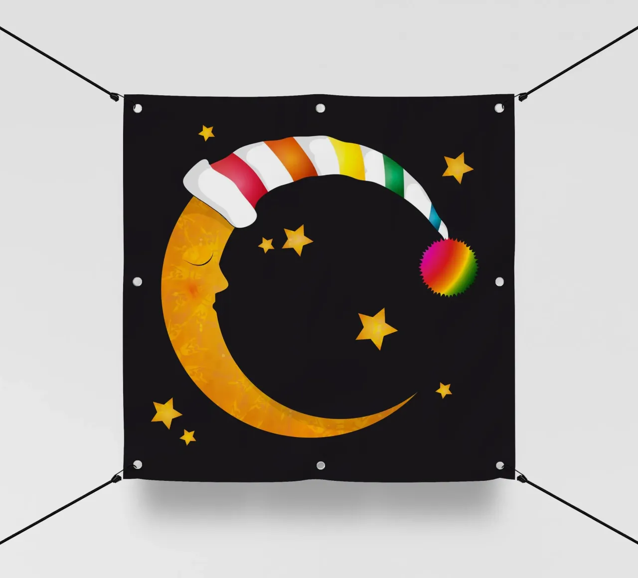 Luna addormentata con berretto da notte e stelle colorate telo in pvc da namosh