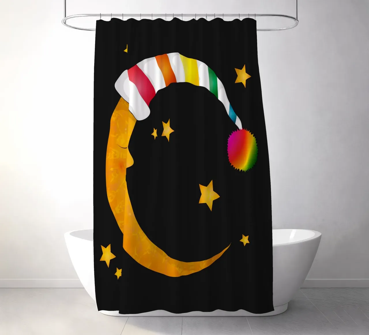 Luna addormentata con berretto da notte e stelle colorate tenda da doccia da namosh