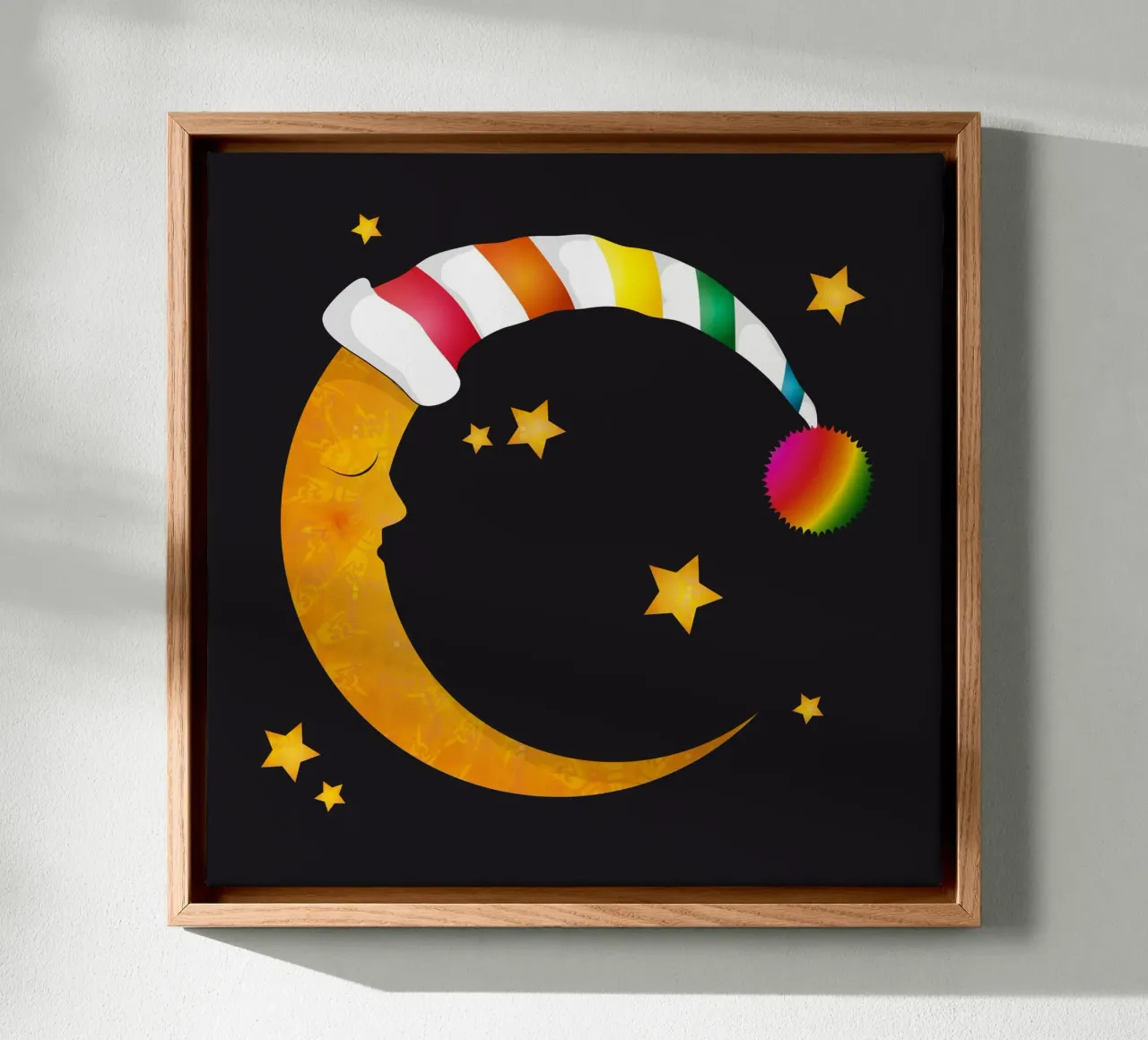 Luna addormentata con berretto da notte e stelle colorate tela da namosh
