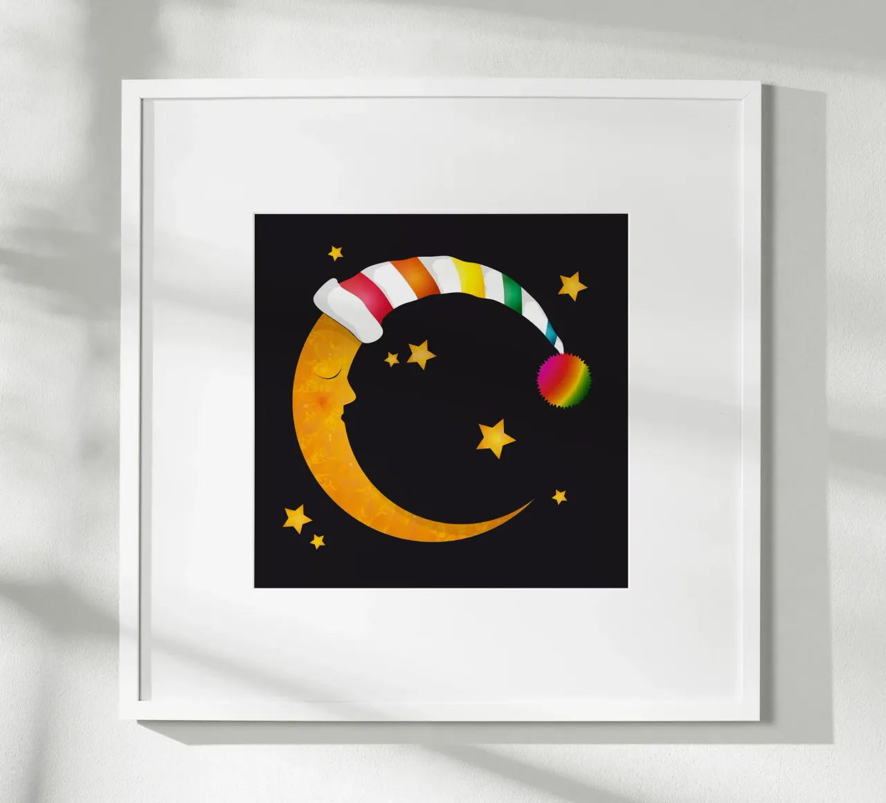 Luna addormentata con berretto da notte e stelle colorate poster da namosh