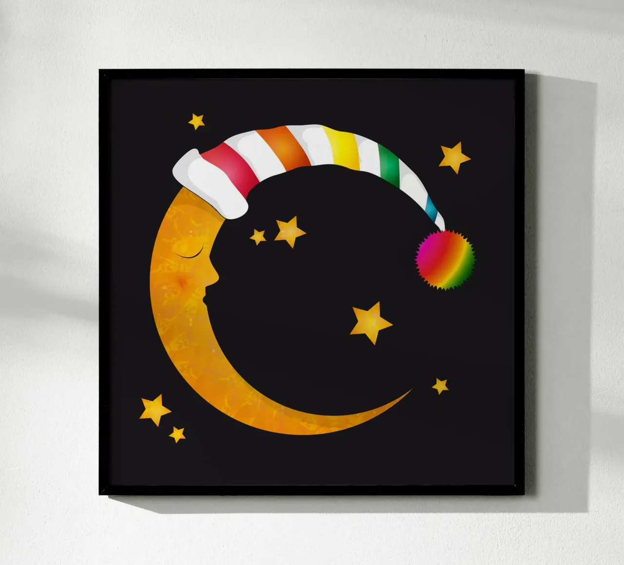 Luna addormentata con berretto da notte e stelle colorate poster da namosh