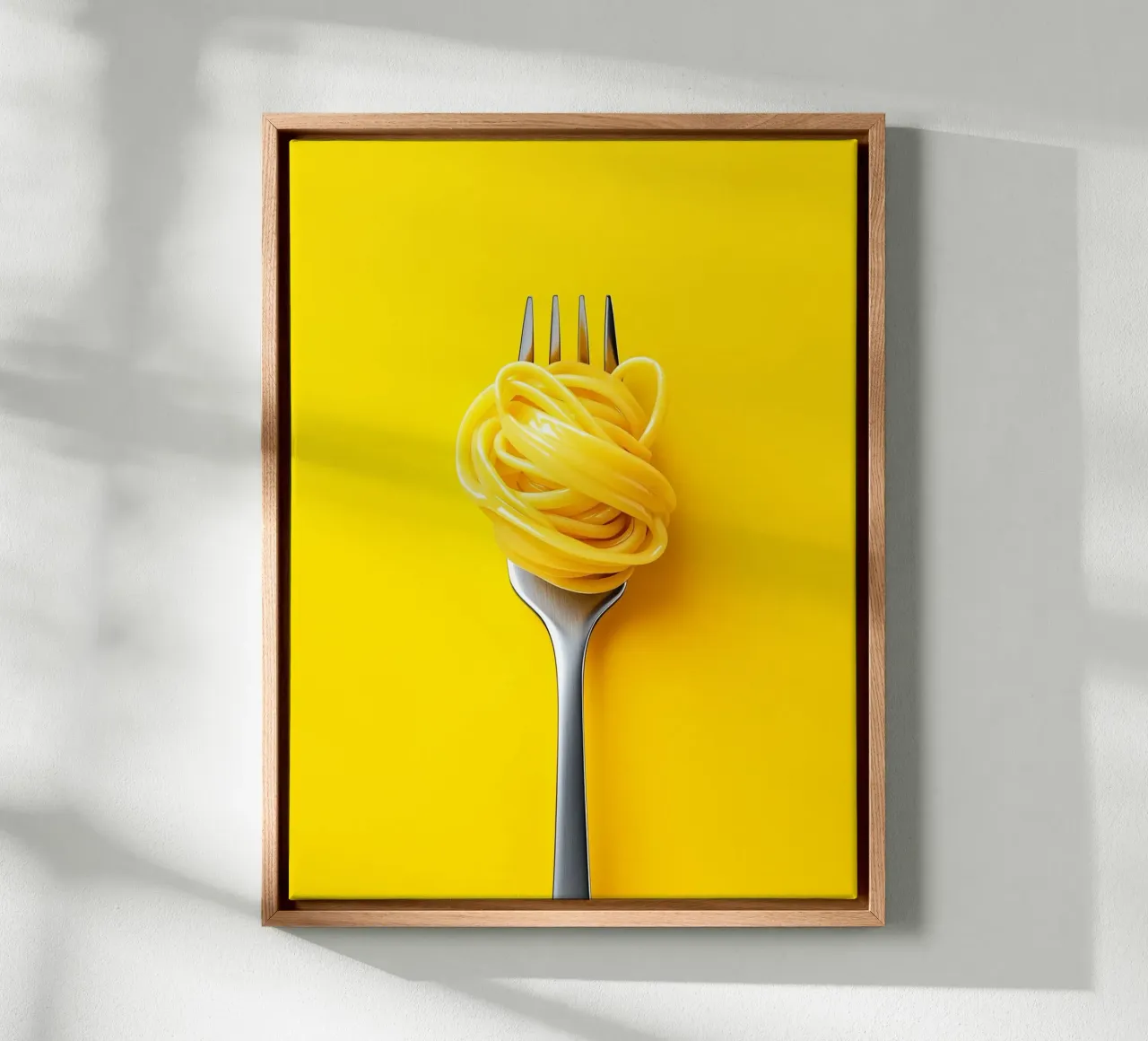 Spaghetti on a yellow background canvas with Floater frame by Spice & Style