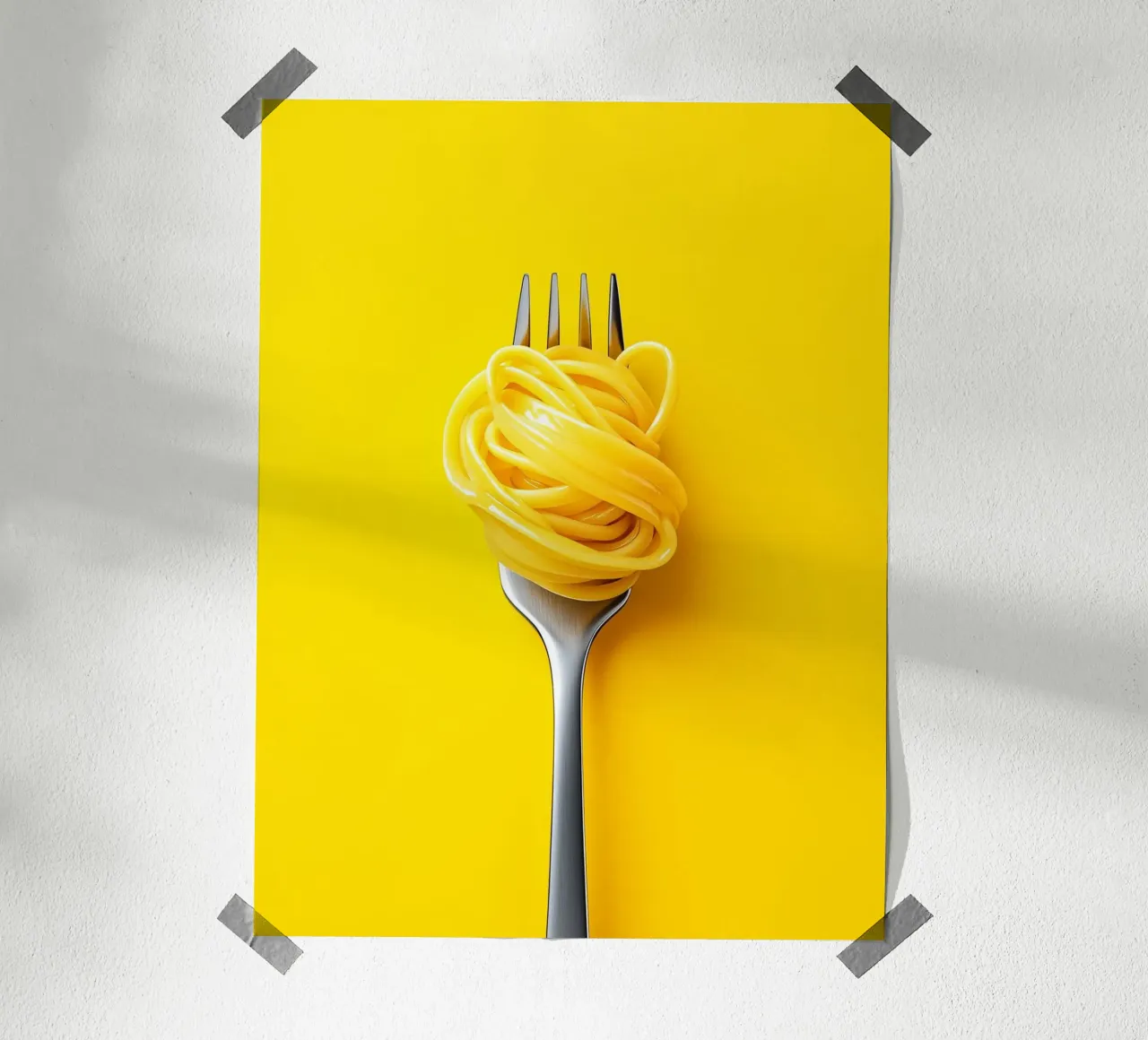 Spaghetti su sfondo giallo poster con telaio in alluminio da Spice & Style