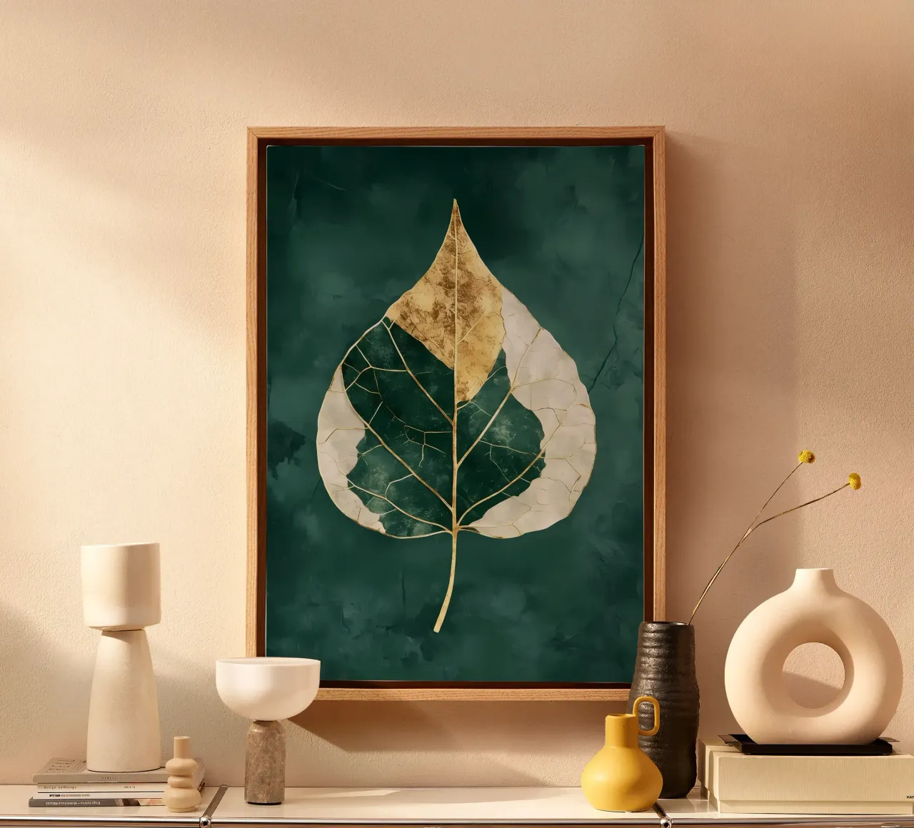 Bladgoud abstracte kunst canvas met Baklijst van Ginnery