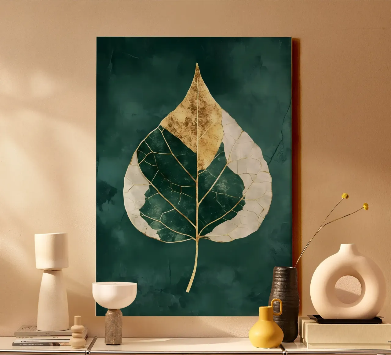 Bladgoud abstracte kunst canvas met Baklijst van Ginnery